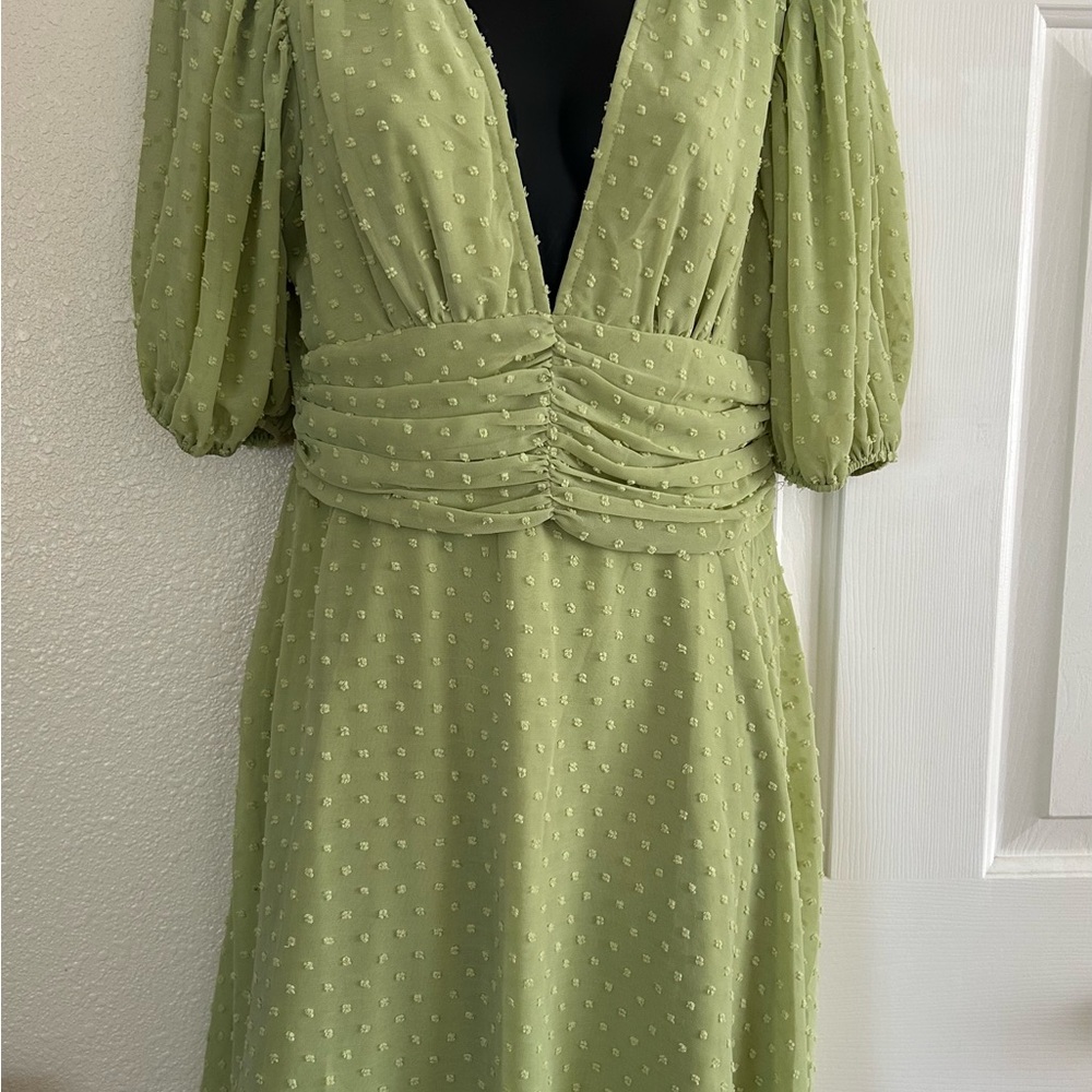 AREA Green Ruched Wrap Dress with Puff Sleeves